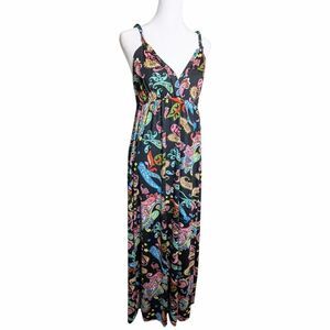 IB Diffusion Multicolor Black Y2K Psychedelic Paisley Goddess Strap Maxi Dress L